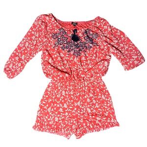 Takara Coral Floral Embroidered Romper Women's Size L Summer Casual